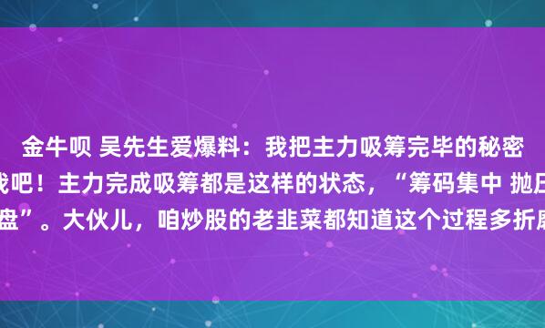 金牛呗 吴先生爱爆料：我把主力吸筹完毕的秘密说出来，主力不会恨我吧！主力完成吸筹都是这样的状态，“筹码集中 抛压减轻 主力控盘”。大伙儿，咱炒股的老韭菜都知道这个过程多折磨人！主力开始建仓的时候，就像在...